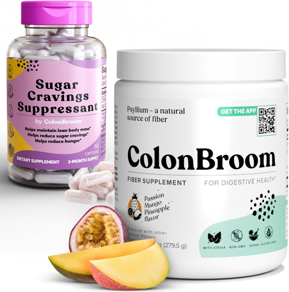 ColonBroom Psyllium Husk pudra Cukrus Kramtomosios - Chromo Picolinate 200mcg, 2 Straipsniai - Colon Cleanser pluošto papildas (50 serveriai) + Cukrus Kramtomosios Palaikymas (60 Servings)