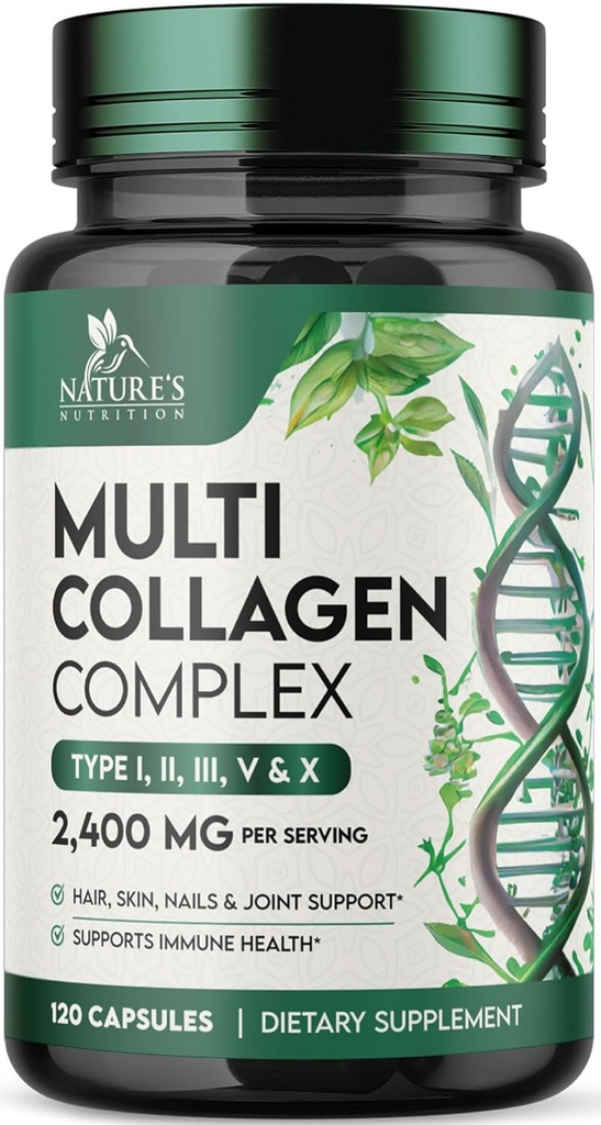 Multi Collagen Supplement 2400 mg - Hydrolyzed Types I, II, III, V & X Multi Collagen Pills Complex, Collagen Peptides Supplements, Hair, Skin, Nail, & Joint Support Supplement, Non-GMO - 120 Capsules