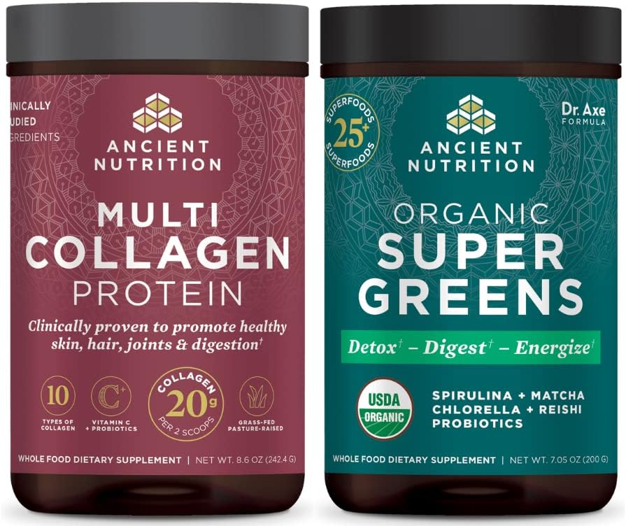 Senovės mityba Multi Collagen proteino milteliai, nearomatizuoti, 24 serveriai + Supergreens milteliai, žaliųjų skonių, 25 serveriai
