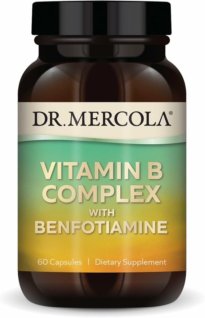 Dr. Mercola Vitaminas B kompleksas su Benfotiamino - Palaiko ląstelių, smegenų ir imuninės sveikatos - Non-GMO, nemokamai ir sojos - 60 kapsulės (30 serveriai)
