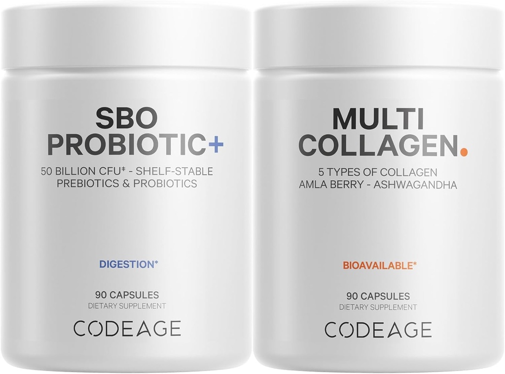 Codeage Multi Collagen proteino kapsulės 5 Tipai, Ashwagandha Withania Somnifera & Organic Amla Berry + SBO Probiotic Blend 50 Billion KSV Bundle, Lactobacillus Plantarum, Bacillus Subtilis, Non-GMO