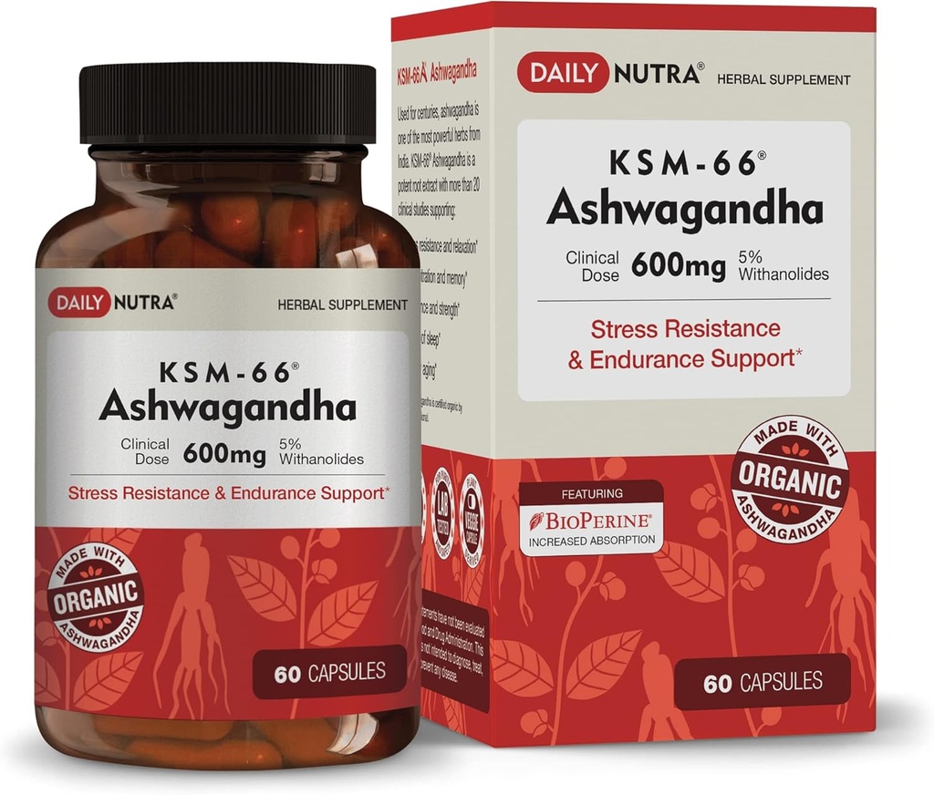 DailyNutra KSM- 66 Ashwagandha 600mg organinių šaknų ekstraktas - didelio stiprumo papildas su 5% Widanolides ® 124; atpalaiduoja Nuovargis, padeda atsipalaiduoti, fokusas, energija, ir raumenų augimą (60 kapsulės)