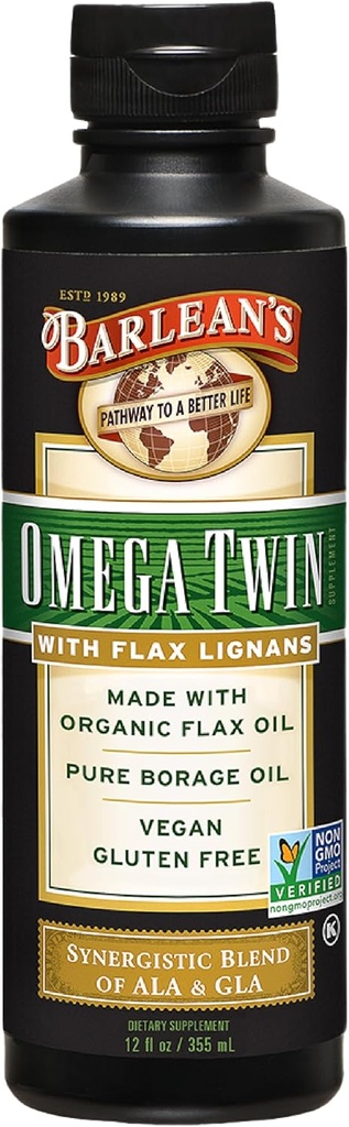 Barlean 's Omega Twin Skystas Flaxseed Oil and Pure Borage Oil Addition with Lignans, 6,010mg ALA and 465mg GLA Omega riebalų rūgštys iš organinių lapių sėklų ir šalto spaudimo agurkų sėklų, 12 oz