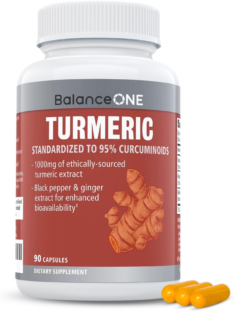 Balansas vienas Turmerinis ekstraktas 1000mg su Max stiprumo 95% Curcuminoids - Termerinis Curcumin priedas jungtinio Comfort & Antioksidantas Parama - Imbieras ekstraktas ir BioPerine - 1 mėnuo tiekimas