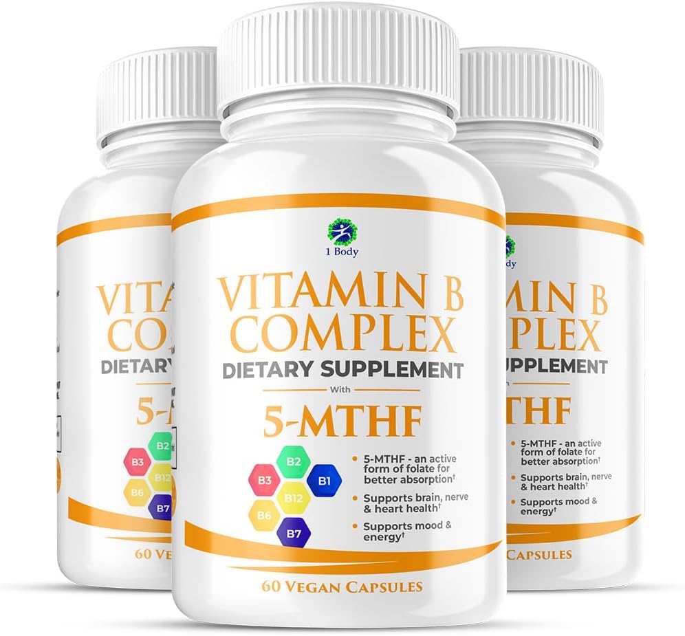 1 Kūno Vitaminas B kompleksas 3 Pack - Biologinis B vitaminai su 5-MTHF Folate, B1, B2, B5, B6, Metil B12, Niacinas & Biotinas - Ne GMO, Veganas, Pagaminta JAV