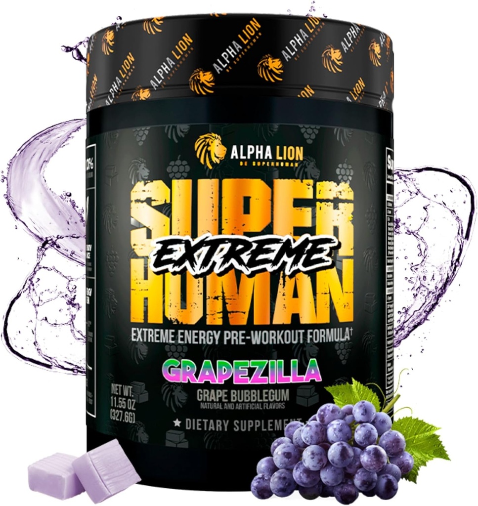 ALPHA LION Superhuman Extreme High Stime Preworking Powers, Beta Alanine, L- Taurine & 356mg Tri- Source Caffeine for Long Energy, Nitric Oxide & Citruline for Pump (21 serveriai, Vynuogių skonio)