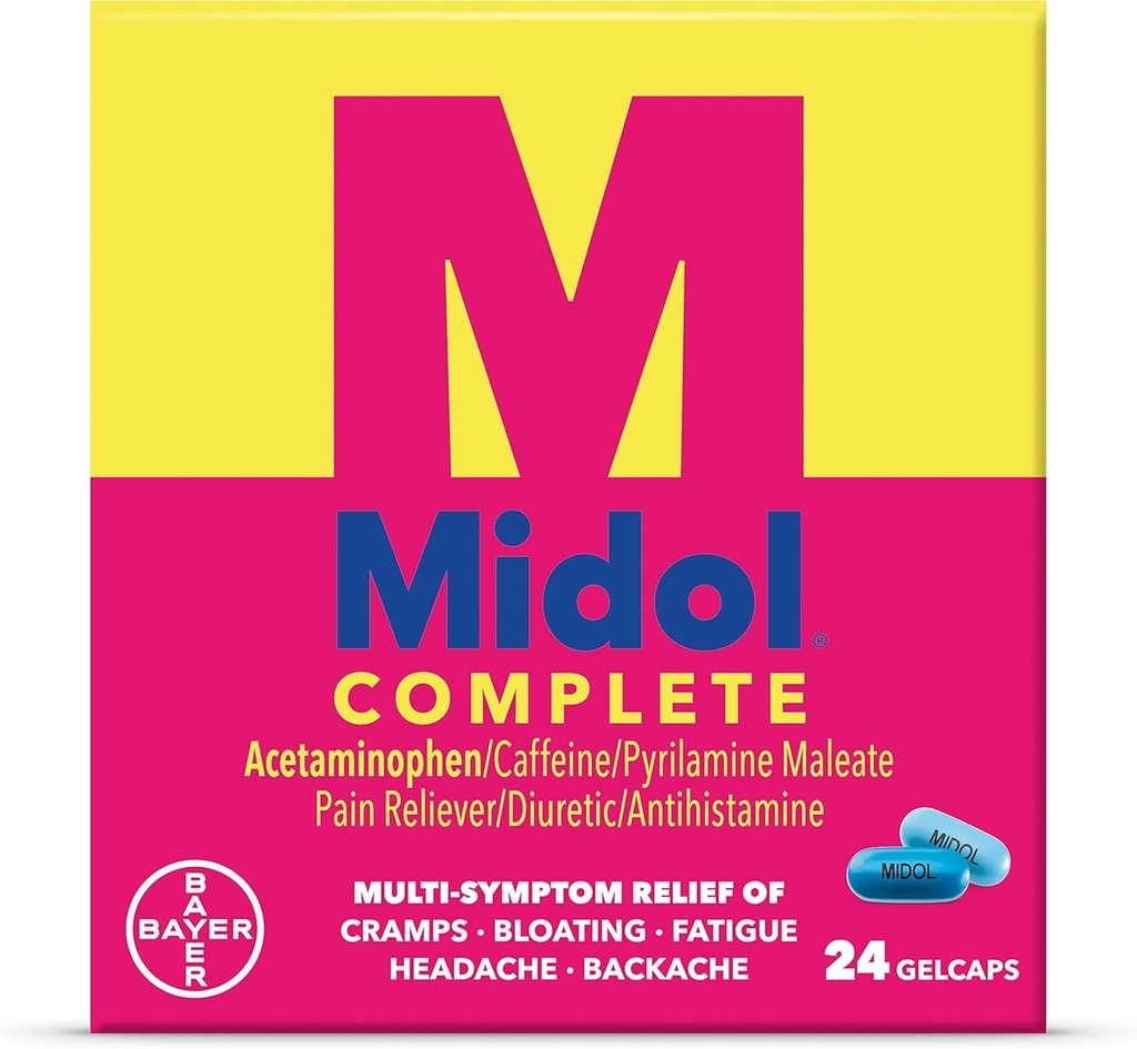 Midol Complete Gelcaps 24ct: Midol Complete Menstrual Pain Relief Gelcaps with Acetaminophen for Menstrual Symptom, PMS Relief, and Period Cramp Relief - 24 Count (Packaging May Vary)