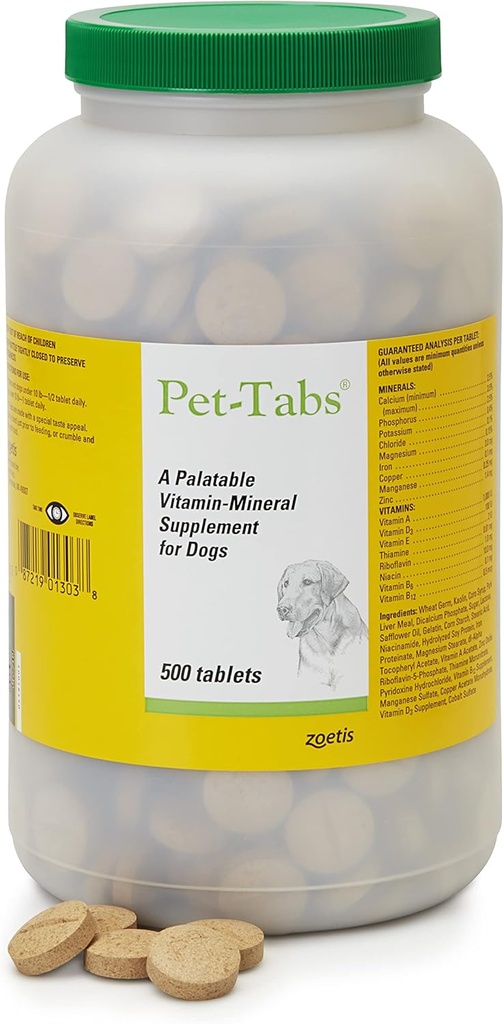 Pet- Tabs Multivitaminas ir mineralinis priedas šunims, Kramtomoji tabletė, 500 grafinis butelis daugiadoziams namų ūkiams
