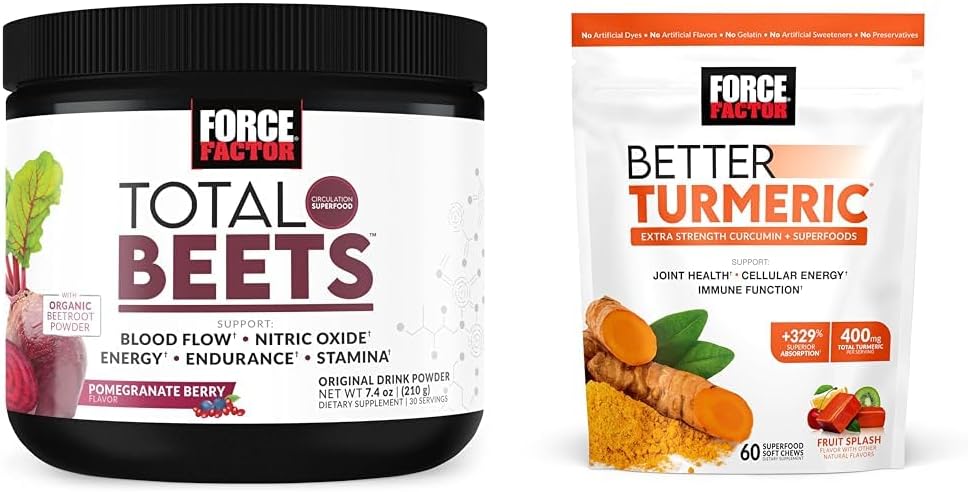 Force Factor Total Beets Nitric Oxide Powder for Circulation and Joint Support Chews with Turmeric Curcumin for Extra Strength