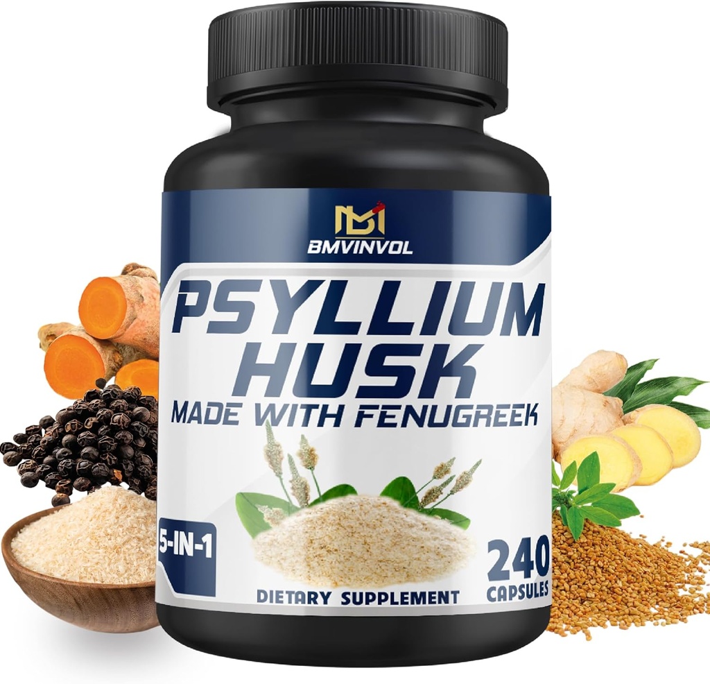 BMVINVOL Psyllium Husk Capsules Fiber Supplement with Fenugreek, Turmeric, Ginger, Black Pepper - Support Digestive System, Intestinal Health - 240 Count for 4 Month Supply