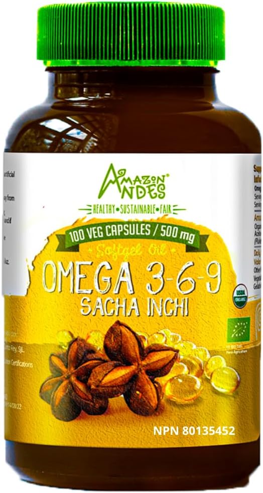 Amazon Andes Sacha Inchi Oil Capsules - Šaltinis omegas 3, 6 ir 9 - Sveikesnis Šaltinis Eteriniai riebalų rūgštys - Vegan, Non-GMO, Allergene-free & Gluten Free - 100 Softgel piliulės (500mg) - Pagaminta Peru