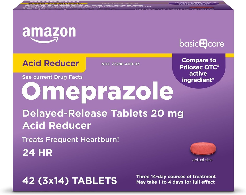 Amazonės pagrindinė priežiūra Omeprazole Deleyed Išleidimo tabletės 20 mg, Gydymas Dažnas Heartburn, Rūgščių reduktorius, Heartburn Medicina, 42 Skaičiavimas (Pakavimas gali skirtis)