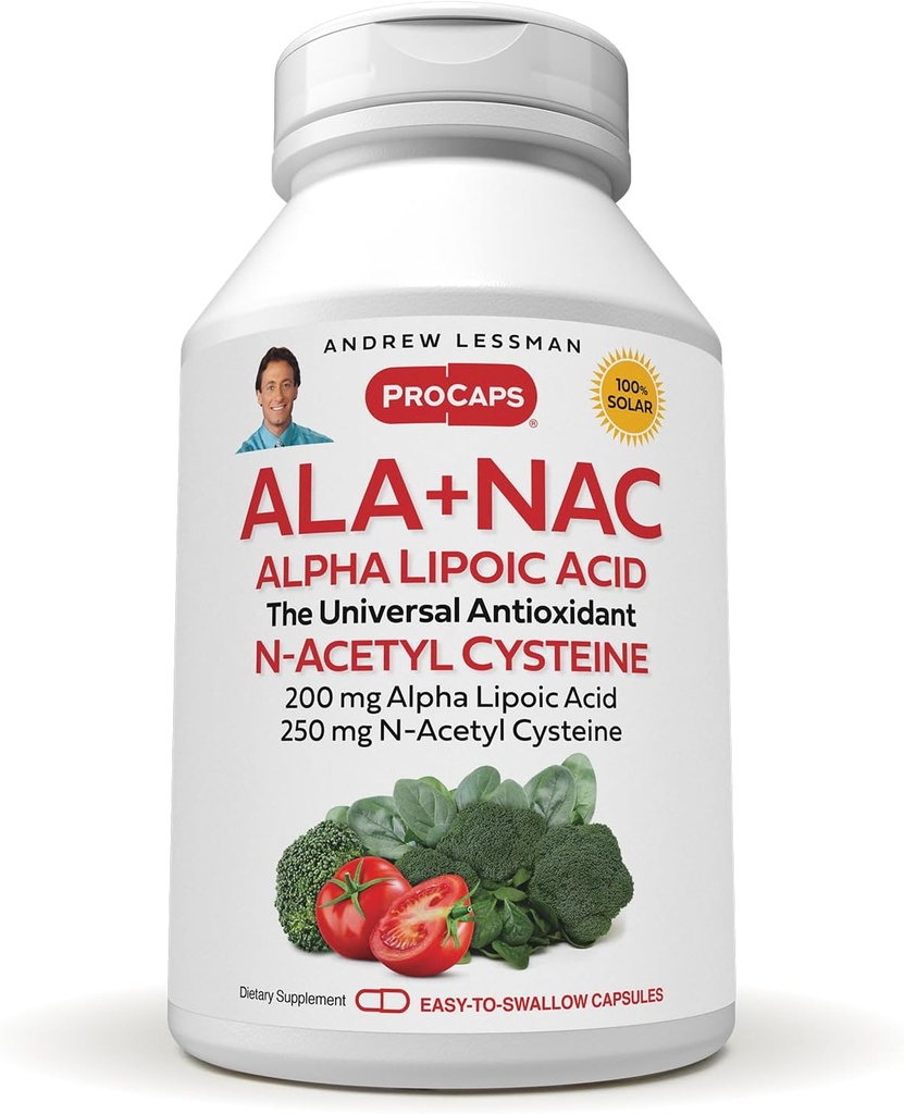 ANDREW LESSMAN ALA + NAC Alfa Lipoic Acid su N- Acetyl- Cysteine 180 kapsulės - Ultra- High potency, Anti- Oxidant Parama nervų sistemos, širdies, smegenų, kepenų, Inkstai, Lungs, Energija. Priedų nėra