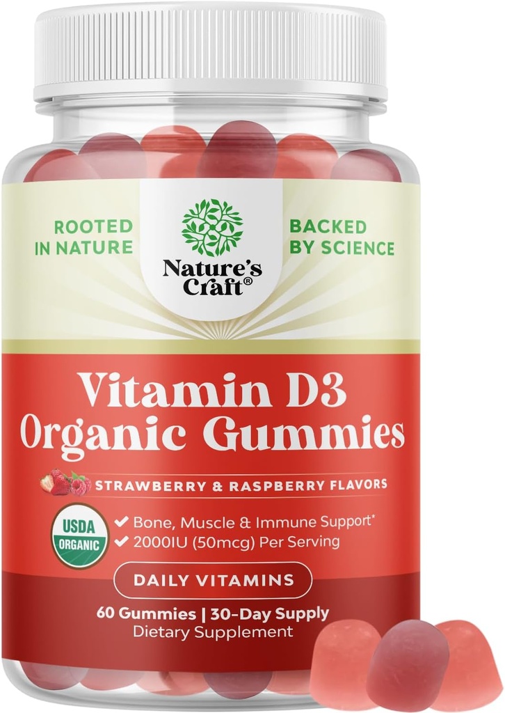 Organinis vitaminas D3 Gummies moterims ir vyrams - Vitaminas D Gummies 2000IU per Tarnybą kaulų sveikatai, Raumenys & Imuninė parama - Ne GMO papildas suaugusiems - Želatina & Gluten Free - 60 Gums