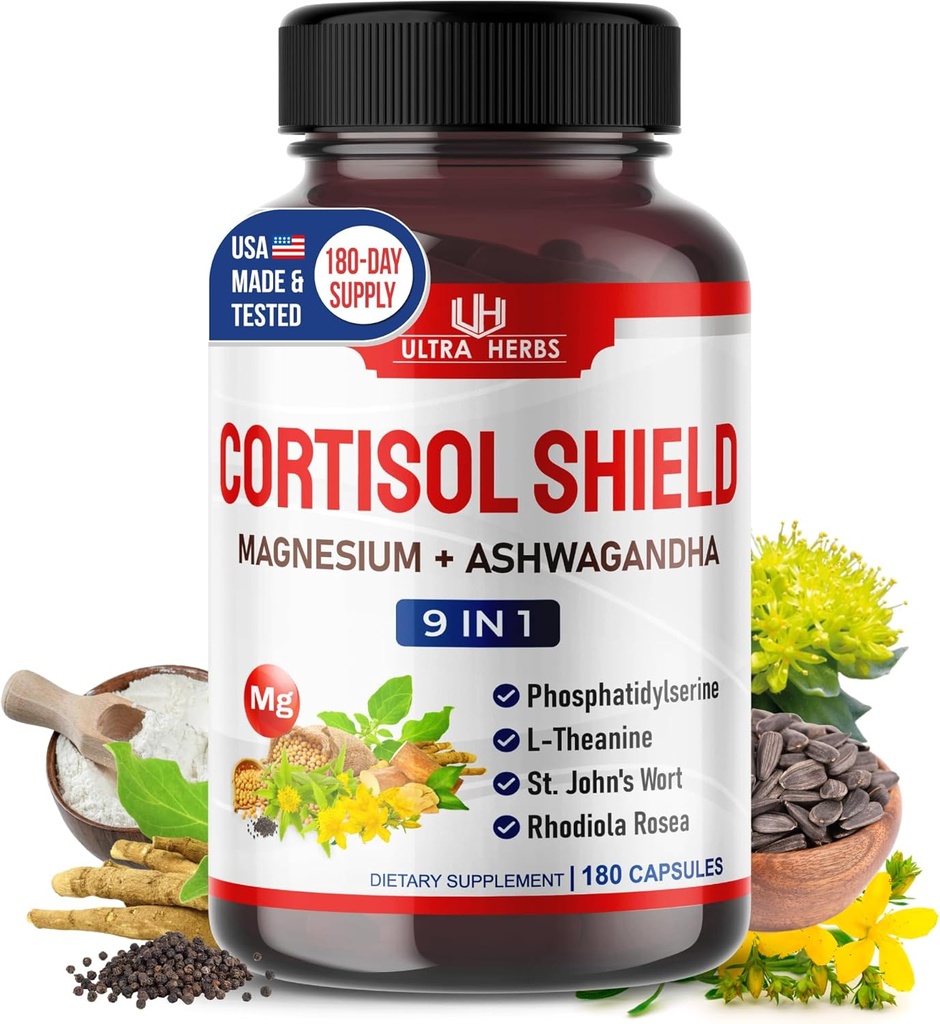 CORTISOL Shield 9-in-1 -Magnis + Ashwagandha su fosfatidilserine, L- Theanine, St. John 's Wort, Rhodiola Rosea - Atpalaiduojantis parama, Hormonų balansas - JAV Pagaminta (180 grafas (Pack of 1))