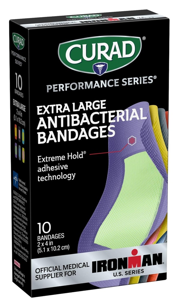 CURAD Performance Series IRONMAN Antibakterinės Bandages, Extreme Hold Adveness Technology, Extra Big Lankstus Fabric Bandages for Cuts, Scrapes, & Burns, Asrited Colors, 2 x 4 colių, 10 Count