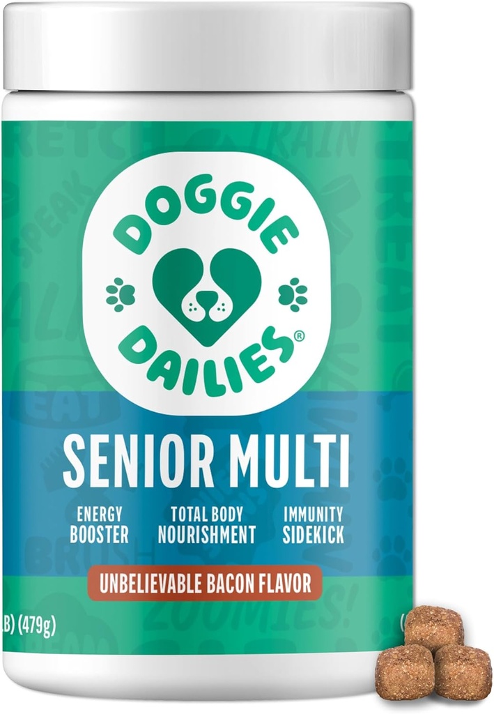 Doggie Dailies Vyresnieji Essentials Multivitaminas šunims Minkšti Chews ® 124; Advanced Dog Multivitaminas ® 124; Mitybos parama sąnariams, odai ir riebalams, virškinimui ir imuninei sistemai