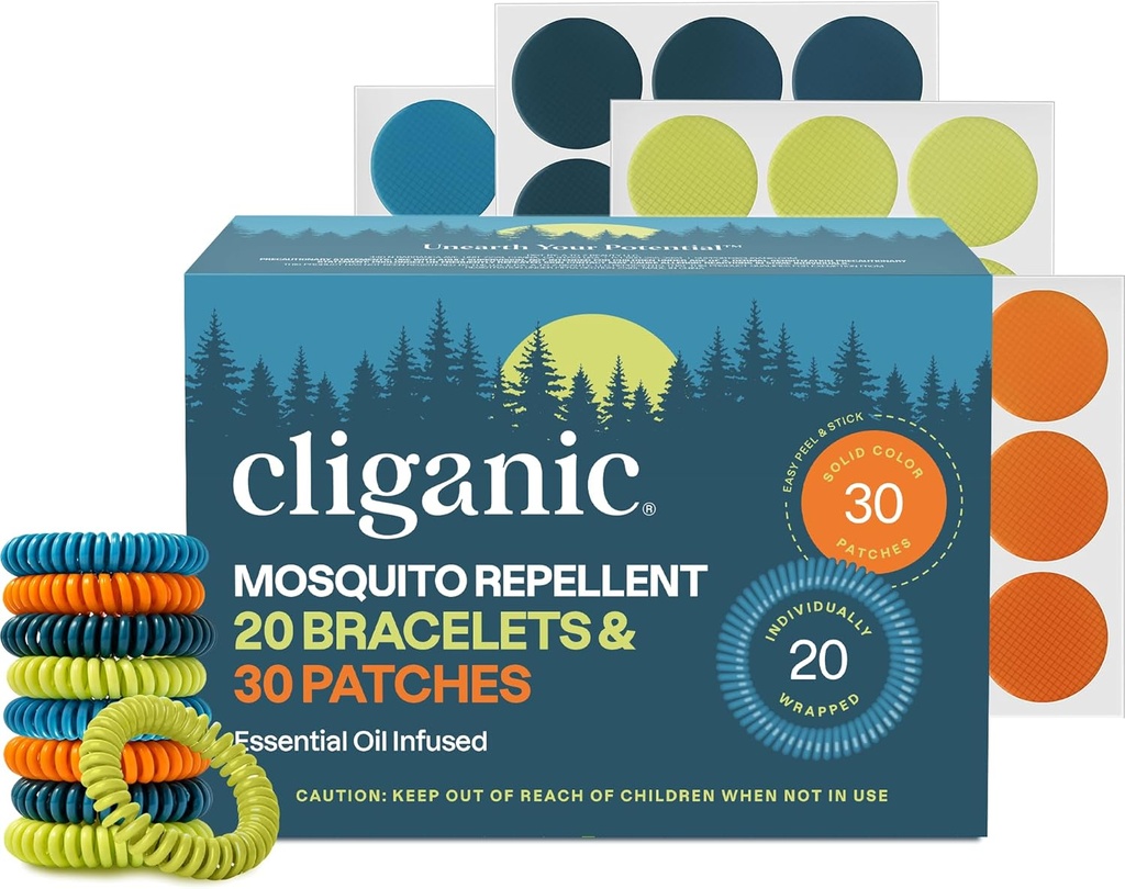 Cliganic Mosquito Repellent Bracelet lipdukai Pack for Kids & Suaugusiesiems Multi Color, Natural DEET-Free, Eterinis aliejus Infused 20 Bands su 30 Patches, Citronella Scent (50)