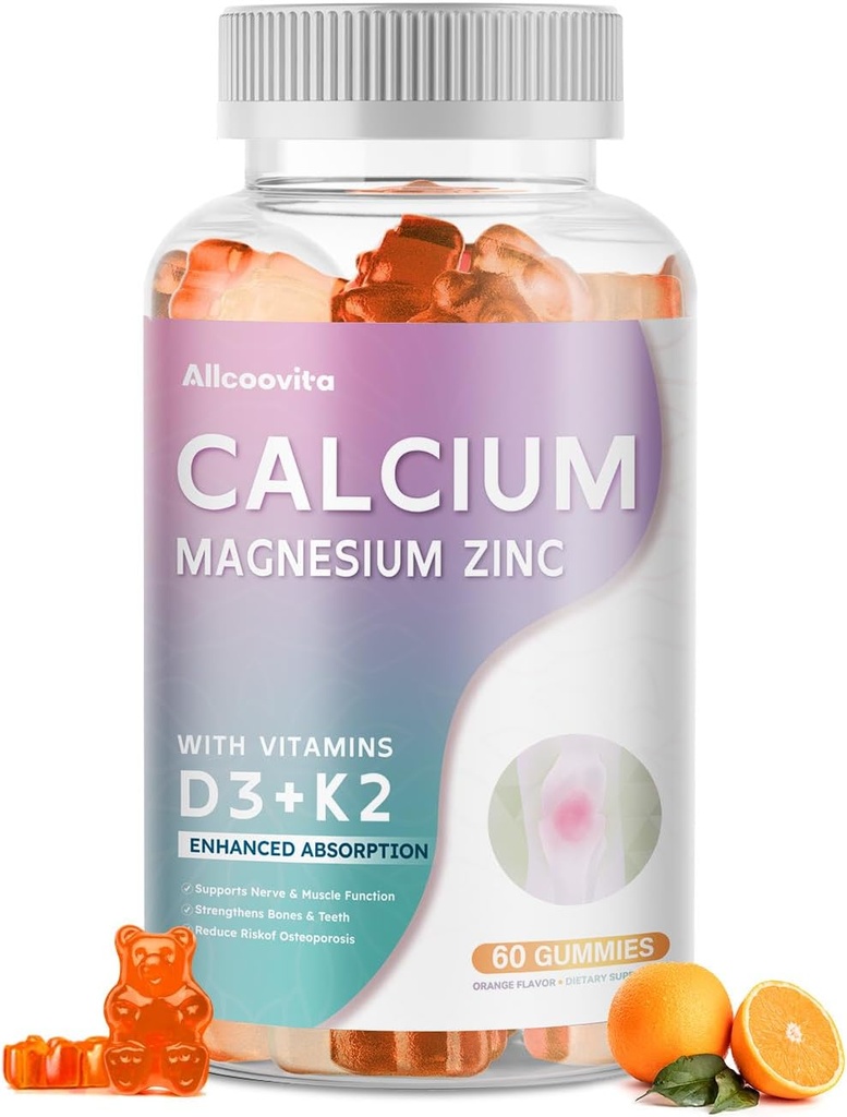 Kalcio magnio cinko gumikai su vitaminu D3 & K2 - didelio stiprumo sustiprinta absorbcija -60 Oranžinės gummies Flavored.