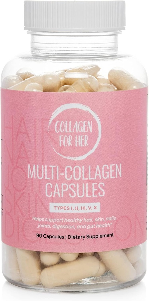 Kolagenas dėl jos: Multi Collagen kapsulės moterims (Tipai I, II, III, V, X,) hidrolizuotas Collagen Peptides, Vitaminas papildas plaukams, oda, nagai, ir bendra parama (90 ct.)