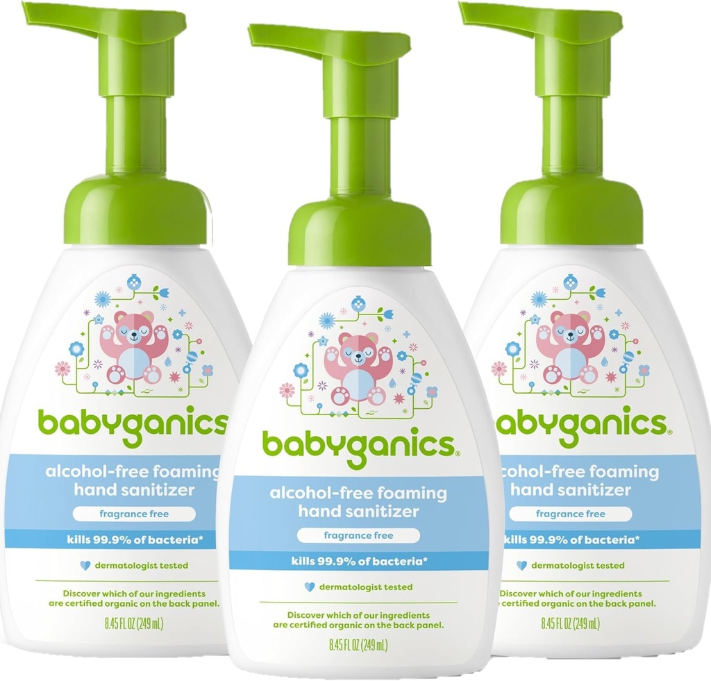 Babyganics Alkoholiai - Nemokama Foaming Rankų Sanitzer, Pump Butelis, Fragance Free, 8.45 oz, 3 Pack