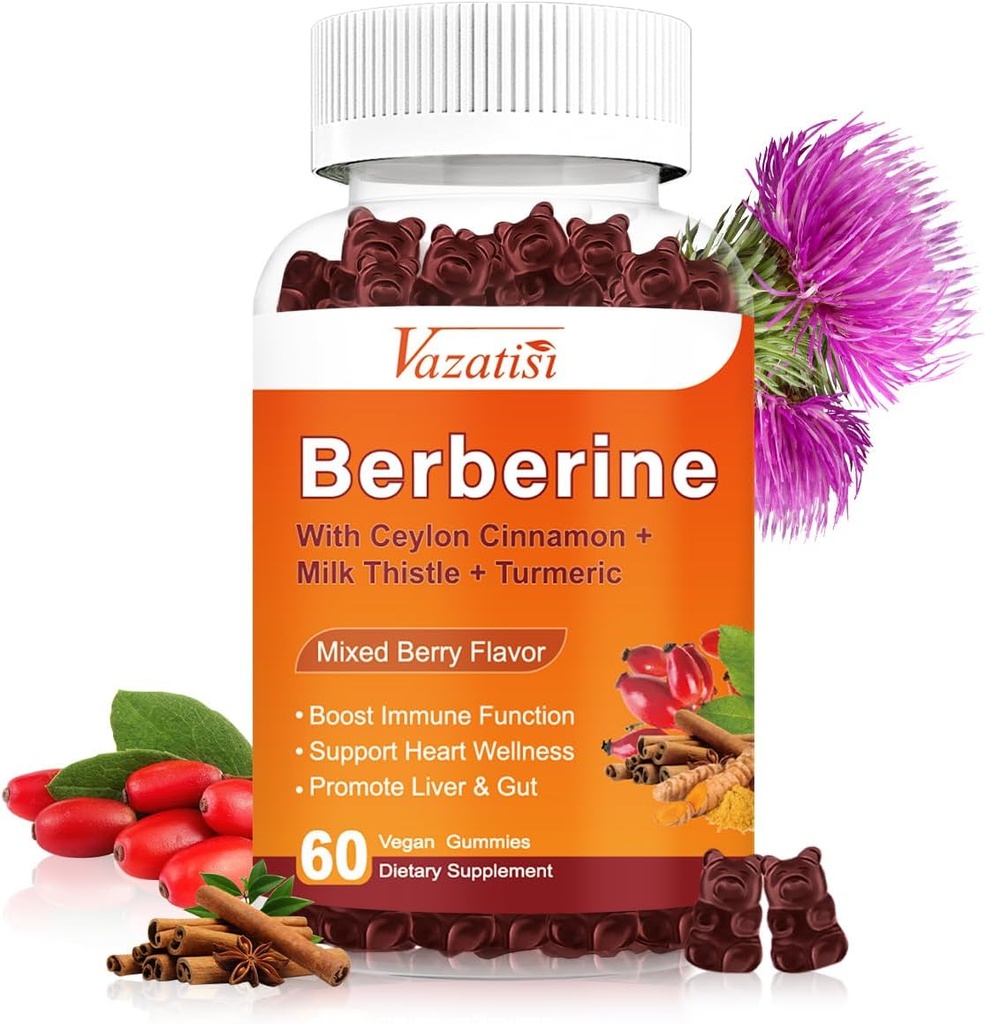1500mg Berberine Gummies, High Power Berberine Addition with Ceilonas Cinnamon Gummies, Turmeric, Magnis, Cukraus nemokamai, Non-GMO, Gluten- Free - Mišri Berry Flavored 60 Gummies