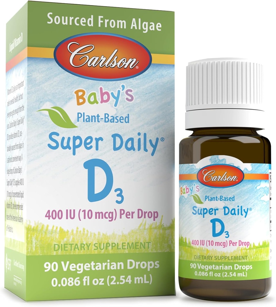 Carlson - Kūdikių Plant-pagrįstas Super Daily D3, Kūdikių vegetariškas skystas vitaminas D lašai, 400 TV (10 µg) per Drop, Paspaustas iš Algae, kūdikių ir Toddlers, Nearomatizuotas, 90 lašai (2,54 ml)