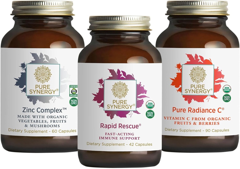 PURE SYNERGY Neatidėliotinas Imunitetas Bandl 124; Organinis vitaminas C Addition ® 124; Cinko priedas Pagamintas su visu maisto produktu ® 124; Greita žolinė formulė su Echinacea Exclusion 124; Ne GMO ir organinių ingredientų