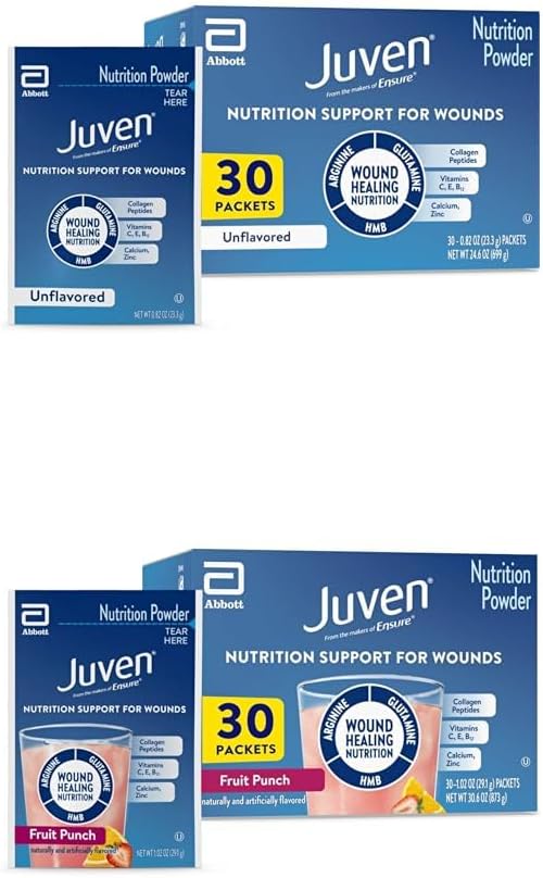 Juven Therapeutic Nutrition Drink Mix Powder for Wound Healing, Includes Collagen Protein, Unflavored 30 Count and Fruit Punch 30 Count