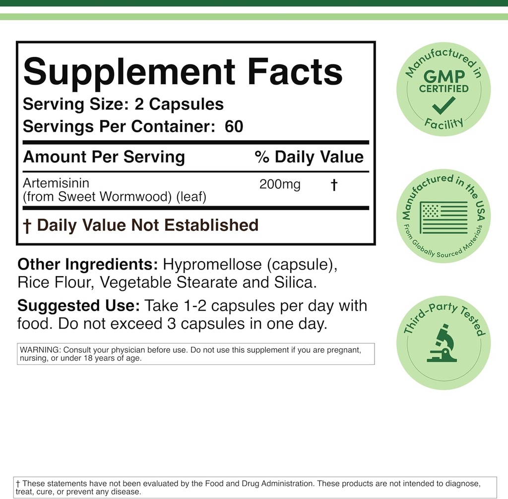 Artemisininas (Sweet Wormwood Cleanse) (Artemisia Annua) 200mg per Serving, 120 kapsulių (dviejų mėnesių tiekimo) Vegan Safe, Non- GMO, Gluten Free (Imuninė parama) pagal Double Wood