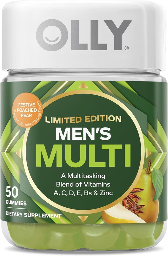 OLLY Men 's Multi, Vitaminai A, C, D, E, B, Cinkas, Limited Edition, Šventinis Powered Sider - 50ct