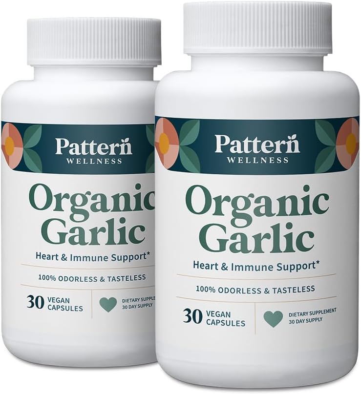 Pattern Wellness Odorless Organic Garlic - 1000mg - Imuninė, Cirkuliacinė ir širdies sveikatos parama - Non- GMO & Gluten Free - 60 Vegan kapsulių