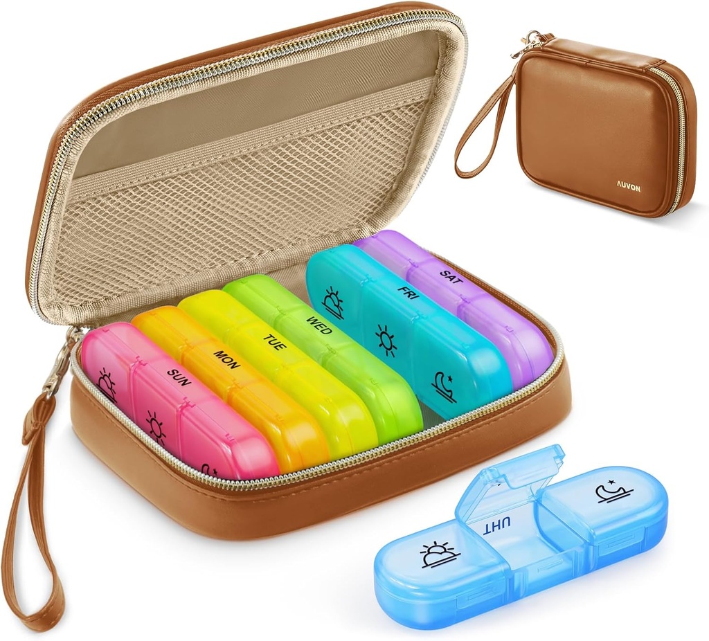 AUVON Savaitės Pil Organizatorius 3 Times per dieną, didelis pilka dėžutė 7 Diena su PU Oda maišelis, Protabel Travel Case Medication Priminimas, Dienos pil Box 3 Times a Day for Vitaminai, Žuvies aliejai, papildai