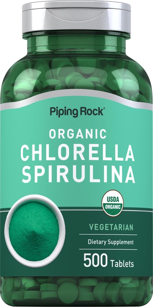 Piping Rock Chlorella Spirulina Organic | 500 Tablets | Vegetarian Pills | Non-GMO, Gluten Free Supplement