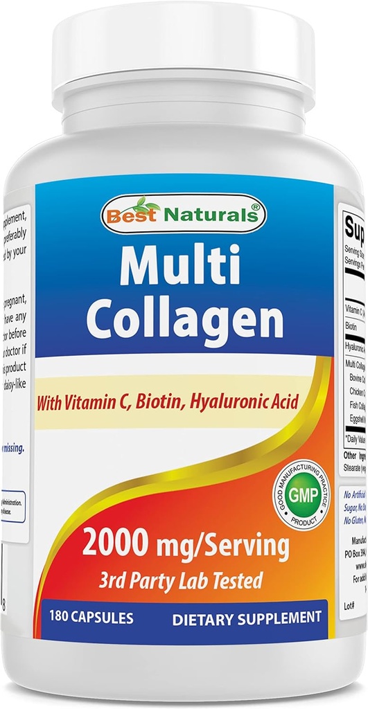 Geriausi Naturals Multi Collagen Pills 2000mg moterims ir vyrams - Hidrolizuotas Collagen Peptides Capsules plaukams Odos ir nagų su tipų I II III V X, Biotinas, Hialurono rūgštis ir vitaminas C