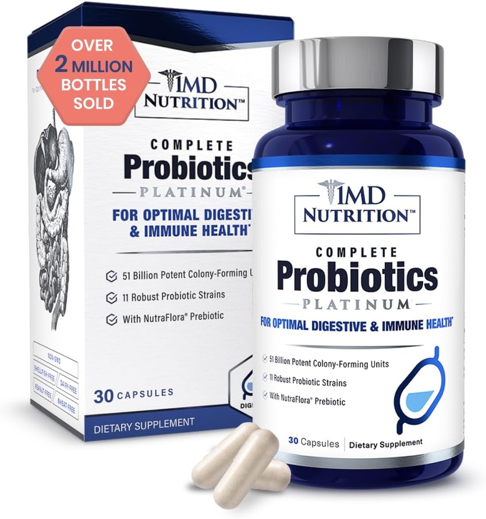 1MD Nutrition Complete Probiotics Platinum - w / Prebiotics and Probiotics for Digestive Health - Probiotic Addition for Women & Men - More Than 50 Billion Live KSV 11 Parts Dairy-Free - 30 Caps