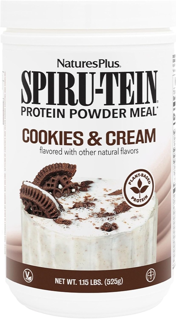 NaturesPlus SPIRU-TEIN Shake - Cookies & Cream - 1.15 lbs, Spirulina Protein Powder - Plant Based Meal Replacement, Vitamins & Minerals For Energy - Vegetarian - 15 Servings