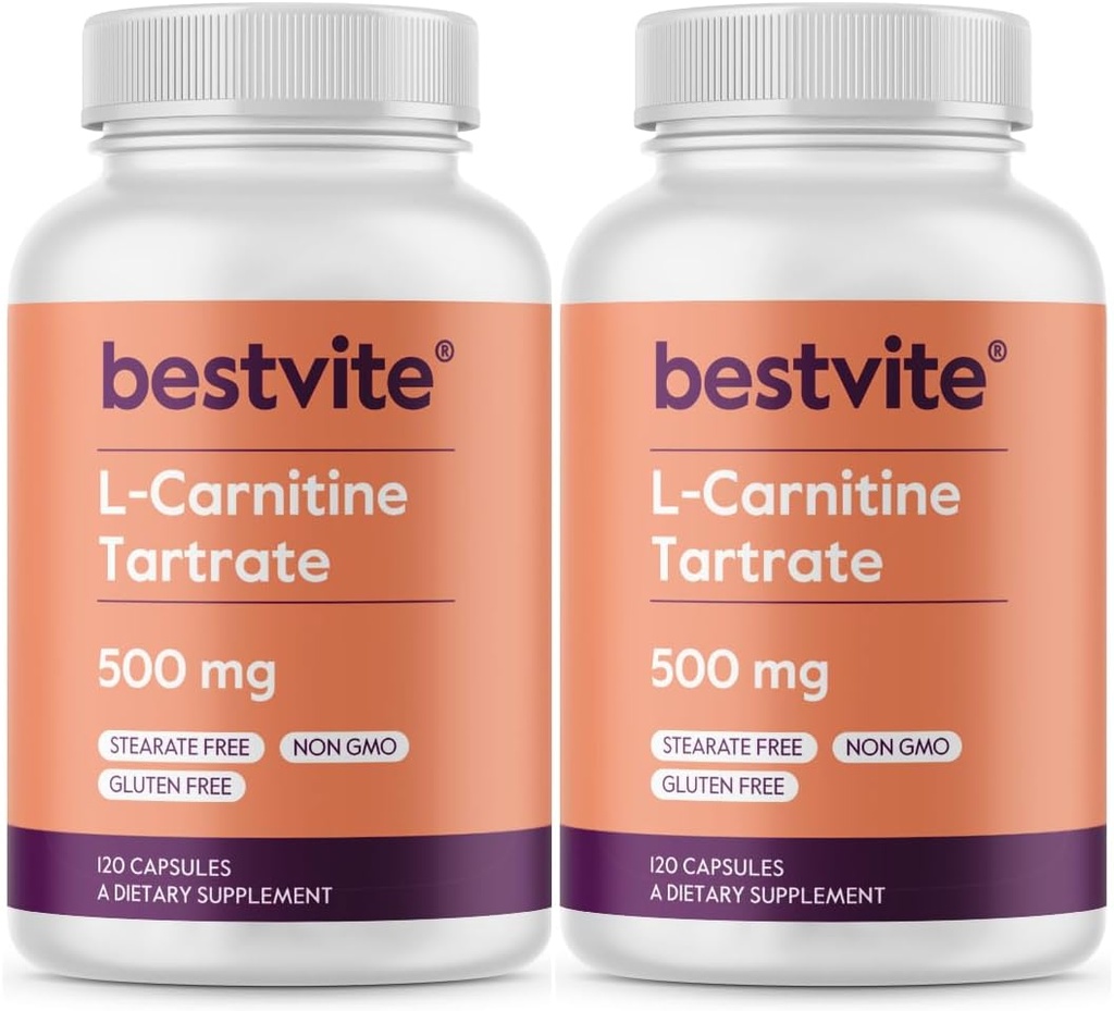 BESTVITE L- karnitino tartrato 500 mg vienoje kapsulėje (240 kapsulių) (120x2) - be staaratų - ne GMO - be gluten