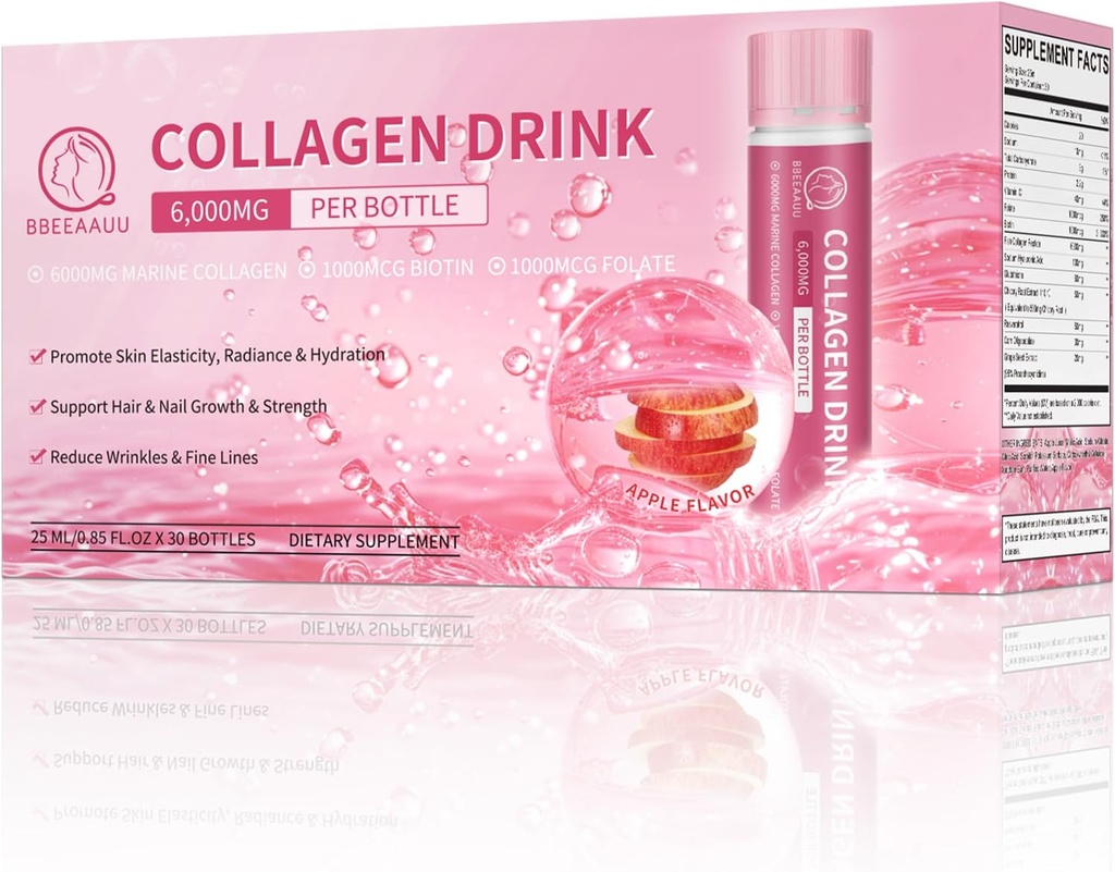 Collagen Drink 6000mg Marine Collagen Peptides, Liquid Collagen Shots for Women with Hyaluronic Acid, Vitaminas C, Collagen Supplements Support Skin, Plaukų & Nagų, 0.85 Fl.Oz x30 Bottles, Apple Flavor