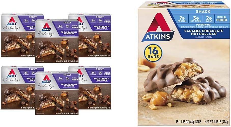 Atkins Pecan Caramel Clusters 60 Count, Caramel Šokoladas Nut Roll Snack Baras 16 Count