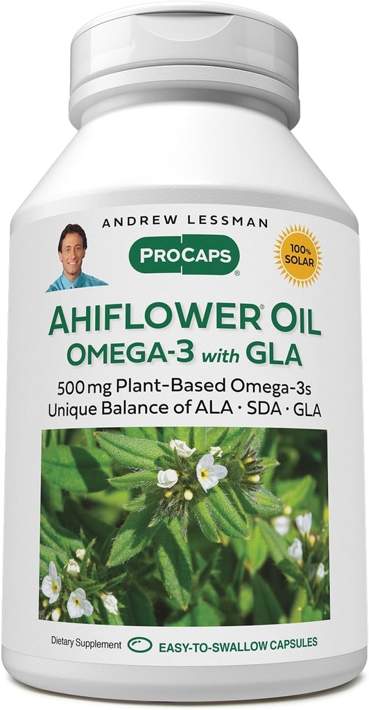 ANDREW LESSMAN Ahiflower Omega-3 su GLA - 60 Softgels - Uniquely Subalansuotas, Plant-Based Šaltinis Eteriniai Omega-3 riebalų rūgštys. Nėra Stomach upset, Teršalai ar Merkurijus. Lengva nuryti