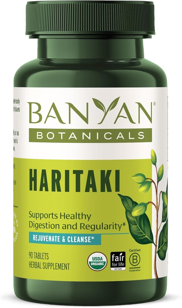 Banyan Botanicals Haritaki tabletės - Sertifikuotos organinės terminijos Chebula - Detoksikacijos ir atjauninimo palaikymas * - 90 tablečių - Non-GMO patikimai Sourced Certified Fair for Life Fair Trade