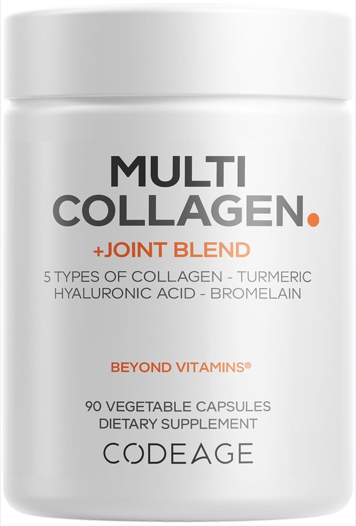 Codeage Multi Collagen proteinas + jungtinis mišinys, Hialurono rūgštis, Bromelainas, turmerinis, imbieras, Boswellia, Astaxanthin - Hidrolizuotas galvijų kolagenas - 5 Kolageno tipai - Non- GMO - 90 kapsulės