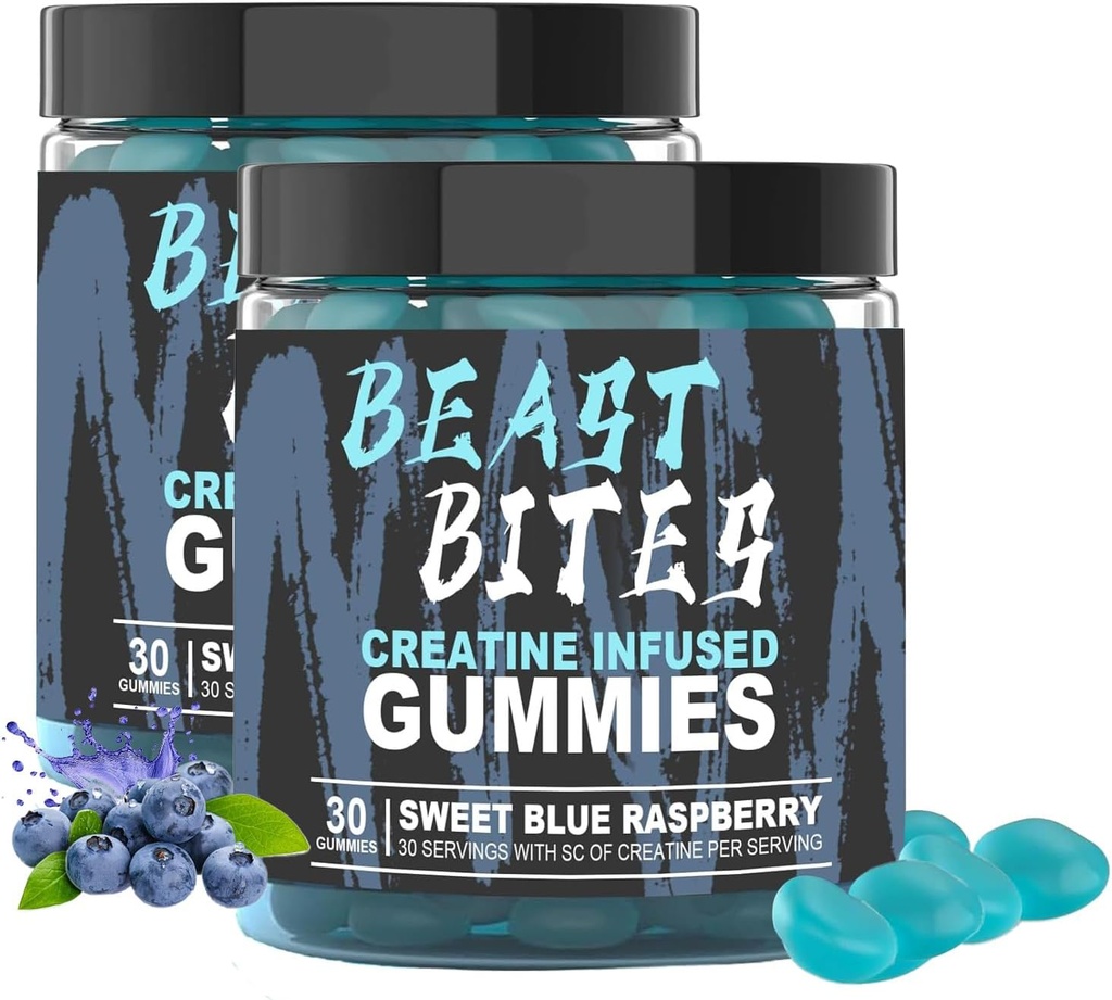 DJALA Beast Bites kreatino bitai - 5g kreatino monohidratas per Tarnavimo - Nr cukraus ar dirbtinių spalvų - Low- Kalorie, Vegan & Halal - Mėlyna Aviečių skonio - 30 Gummies (2vnt)