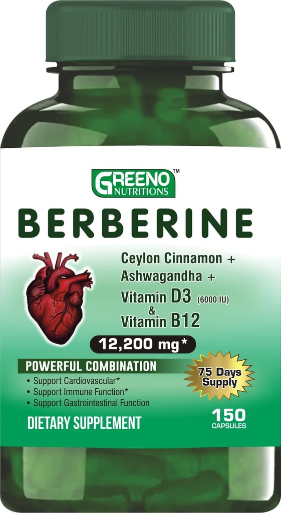 Berberine 12200mg su Ceilonas Cinnamon Ashwagandha Vitaminas D13 + Vitaminas B12 Imuninė širdies parama - 75 dienų Supply -150 Count (pakuotėje 1)