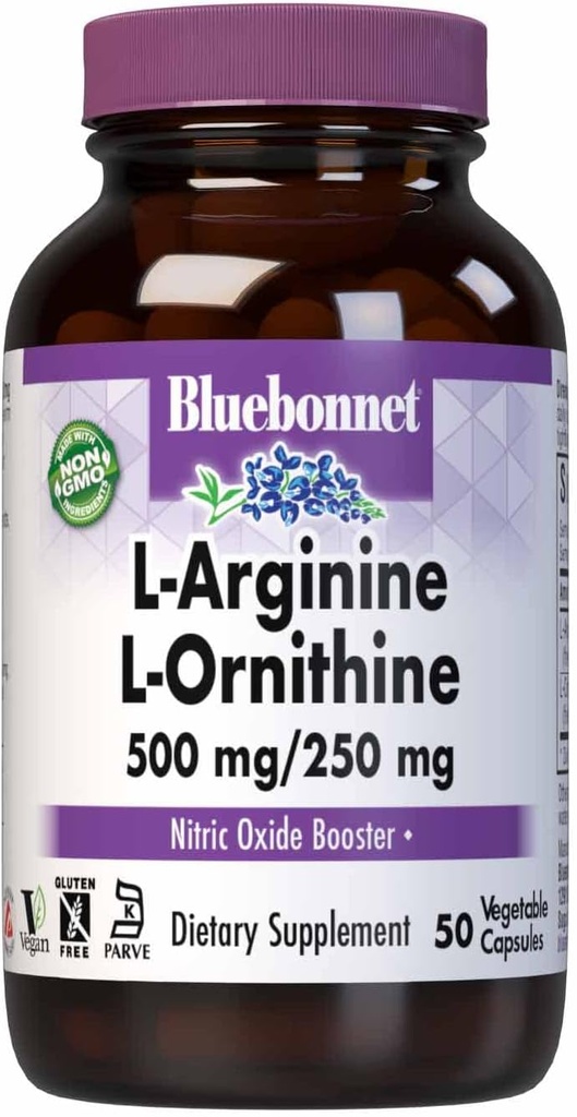 Bluebonnet Nutrition L- Argininas 500mg / L- orinitinas 250mg, Palaiko baltymų metabolizmą *, Be sojų, Be daug, Ne GMO, Kosher Sertifikuotas, Vegan, 50 Daržovių kapsulės, 50 Paslaugos