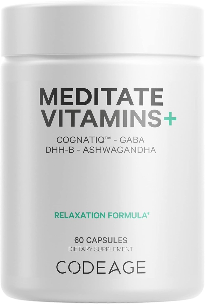 Codeage Meditate Vitaminai + papildas - CognatiQ, DHH-B, GABA, Ashwagandha, Ekologiški grybai, Bluagrastai - BDNF smegenų pilvų ir neuroproteinų - Vegan, Non- GMO, Gluten- Free - 60 kapsulės