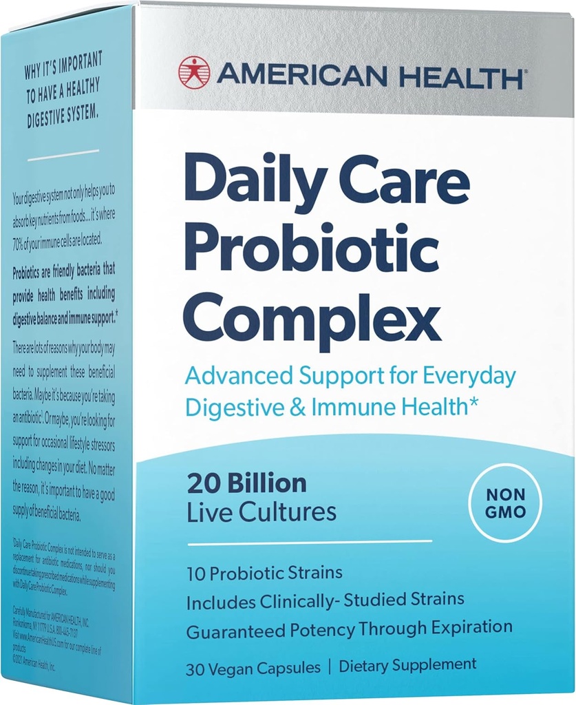 AMERICAN SVEIKATOS Daily Care Probiotic Complex, 20 Billion Microorganizmus - Kliniškai studijuotų žirgų - Advanced Support for Everyday Digestive & Immune Health - 30 Capsules, 30 Visas aptarnavimas