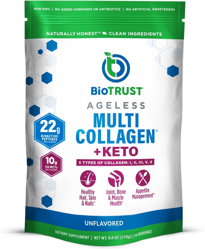 BioTrust Multi Collagen proteino milteliai + Keto MCT aliejus - 5 Tipai (I, II, III, V, X) & 100% Capric Acid C8 - Parama padidėjusi Ketones, Metabolizmas, Jungtys ir grožis Visi 1 Collagen milteliai (Unflavored)