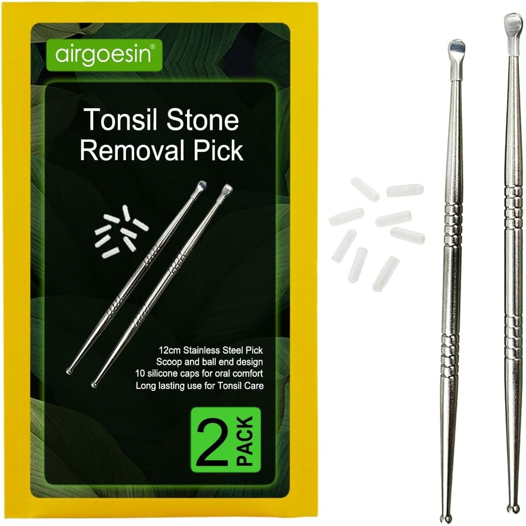 Airgoesin 2pcs Tonsil Stone Removal Pick Tonsillolith Premium Tool Stainless Steel Oral Cleaner with 10 Soft Silicone Caps